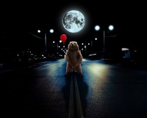 Preview wallpaper bear, balloon, full moon, road, photoshop