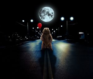 Preview wallpaper bear, balloon, full moon, road, photoshop