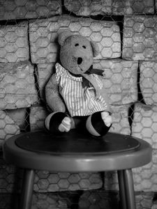 Preview wallpaper bear cub, toy, chair, mesh, black-and-white