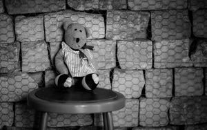 Preview wallpaper bear cub, toy, chair, mesh, black-and-white