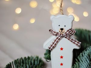 Preview wallpaper bear, decoration, branches, needles, new year, christmas, holidays