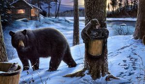 Preview wallpaper bear, forest, bears, house, family, walking, eating