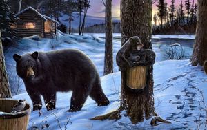 Preview wallpaper bear, forest, bears, house, family, walking, eating