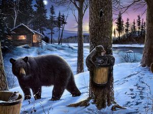 Preview wallpaper bear, forest, bears, house, family, walking, eating