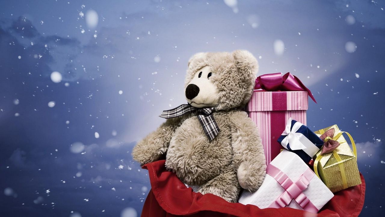 Wallpaper bear, gift, bag, snow, christmas, new year