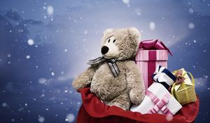 Preview wallpaper bear, gift, bag, snow, christmas, new year