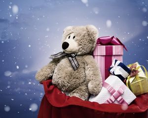 Preview wallpaper bear, gift, bag, snow, christmas, new year
