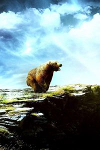 Preview wallpaper bear, motorcyclist, landscape, mountains