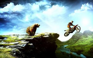 Preview wallpaper bear, motorcyclist, landscape, mountains