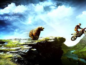 Preview wallpaper bear, motorcyclist, landscape, mountains