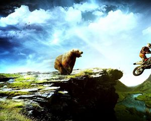 Preview wallpaper bear, motorcyclist, landscape, mountains