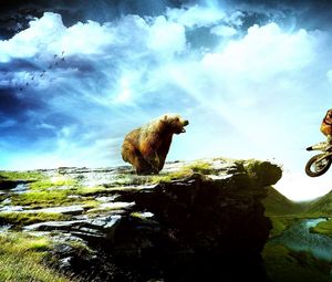 Preview wallpaper bear, motorcyclist, landscape, mountains