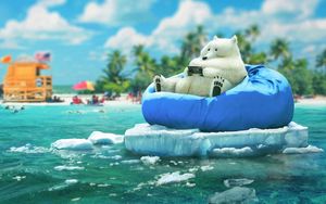 Preview wallpaper bear, phone, funny, ice, beach
