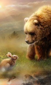 Preview wallpaper bear, rabbit, friendship, meeting, art