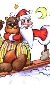 Preview wallpaper bear, santa claus, greeting card, stars, moon, sleigh, holiday