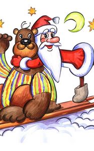 Preview wallpaper bear, santa claus, greeting card, stars, moon, sleigh, holiday