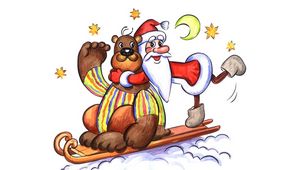 Preview wallpaper bear, santa claus, greeting card, stars, moon, sleigh, holiday