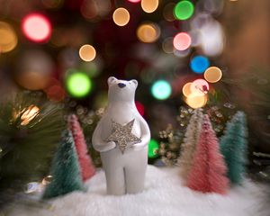 Preview wallpaper bear, star, christmas trees, snow, bokeh, new year, christmas