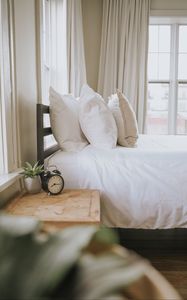 Preview wallpaper bed, pillows, alarm clock, comfort
