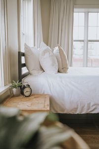 Preview wallpaper bed, pillows, alarm clock, comfort