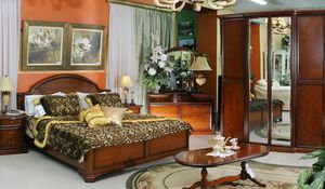 Preview wallpaper bedroom, room, bed, wardrobe, carpet, chandelier, table, service, kettle, dresser, curtain, curtains, bedspreads, pillows, interior