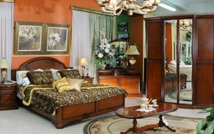 Preview wallpaper bedroom, room, bed, wardrobe, carpet, chandelier, table, service, kettle, dresser, curtain, curtains, bedspreads, pillows, interior