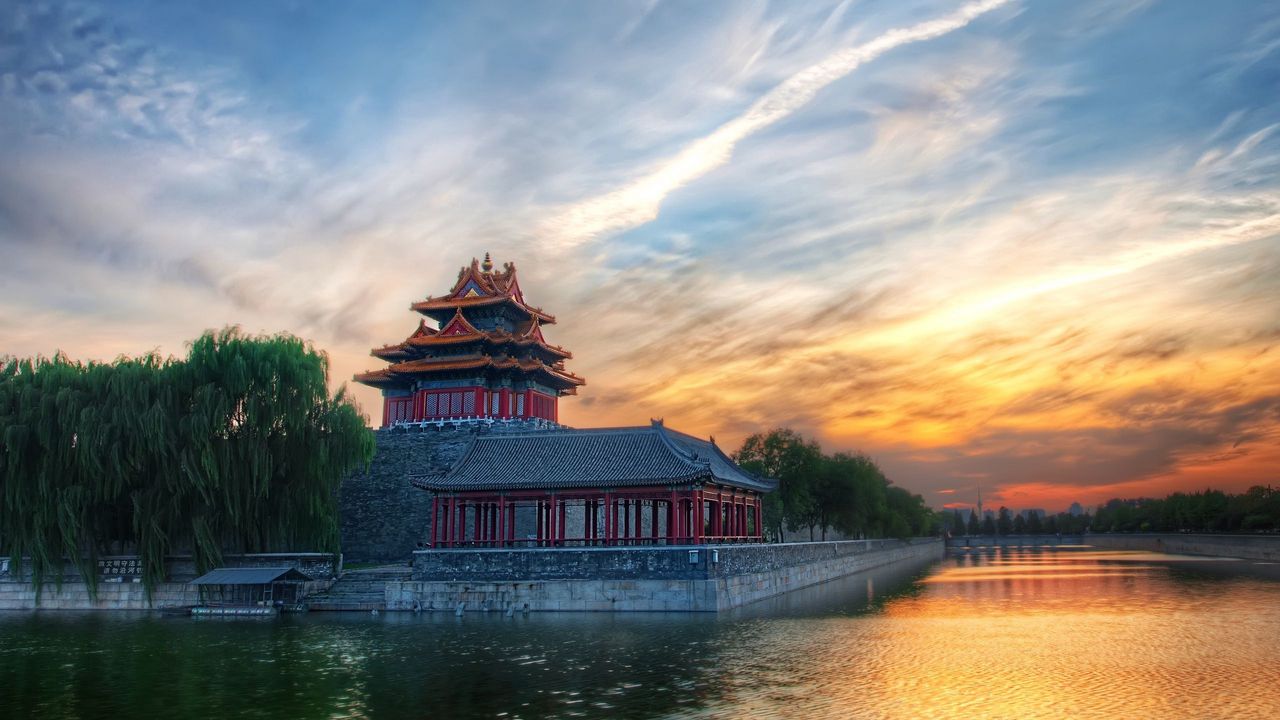 Wallpaper beijing, china, structure, sky, clouds, arbor, trees