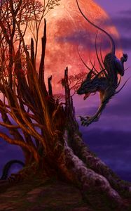 Preview wallpaper beings, tree, moon, dragon, spider, cat