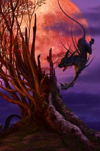 Preview wallpaper beings, tree, moon, dragon, spider, cat