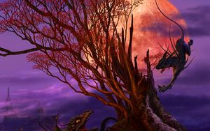 Preview wallpaper beings, tree, moon, dragon, spider, cat