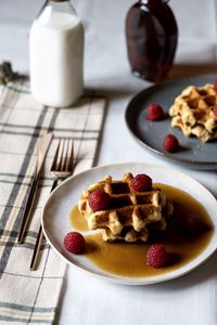 Preview wallpaper belgian waffles, waffles, raspberries, berries, maple syrup, dessert