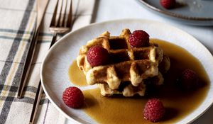 Preview wallpaper belgian waffles, waffles, raspberries, berries, maple syrup, dessert