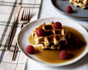 Preview wallpaper belgian waffles, waffles, raspberries, berries, maple syrup, dessert