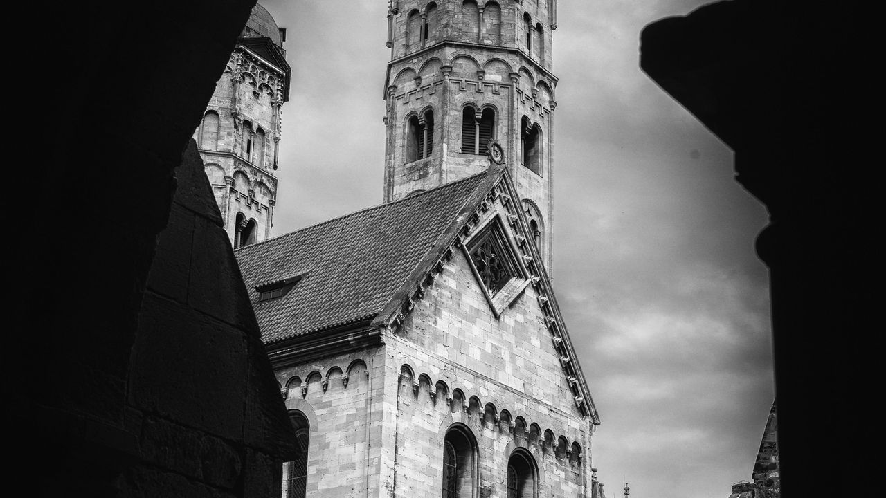 Wallpaper bell tower, tower, buildings, roofs, architecture, black and white