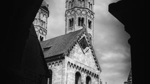 Preview wallpaper bell tower, tower, buildings, roofs, architecture, black and white