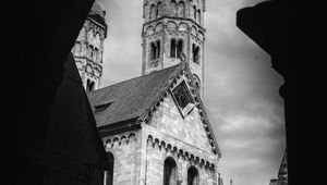 Preview wallpaper bell tower, tower, buildings, roofs, architecture, black and white