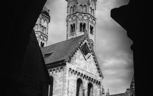 Preview wallpaper bell tower, tower, buildings, roofs, architecture, black and white
