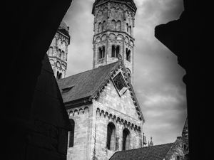 Preview wallpaper bell tower, tower, buildings, roofs, architecture, black and white