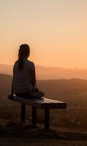 Preview wallpaper bench, alone, solitude, sunset, mountains, girl