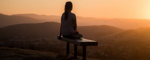 Preview wallpaper bench, alone, solitude, sunset, mountains, girl