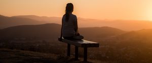 Preview wallpaper bench, alone, solitude, sunset, mountains, girl