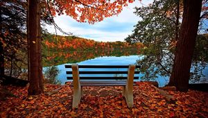 Preview wallpaper bench, autumn, river, lake, trees