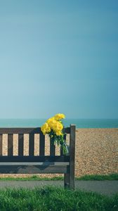 Preview wallpaper bench, bouquet, flowers, yellow, beach