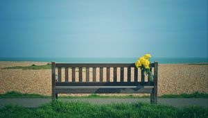 Preview wallpaper bench, bouquet, flowers, yellow, beach