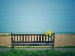 Preview wallpaper bench, bouquet, flowers, yellow, beach