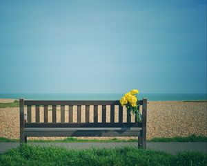 Preview wallpaper bench, bouquet, flowers, yellow, beach