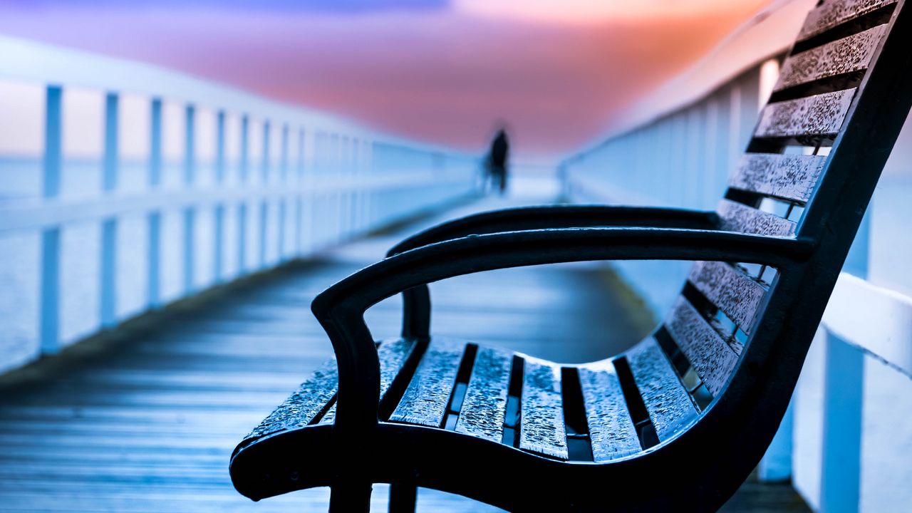 Wallpaper bench, drops, rain, pier, blur