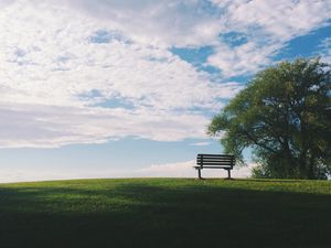 Preview wallpaper bench, grass, tree, sky, view