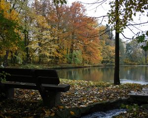 Preview wallpaper bench, lake, autumn, wood, trees, stream, leaf fall