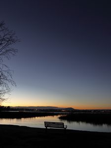 Preview wallpaper bench, lake, dusk, sky